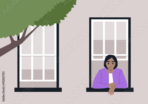A young character leans thoughtfully against the windowsill, observing the world outside as soft sunlight filters through the leaves of a nearby tree