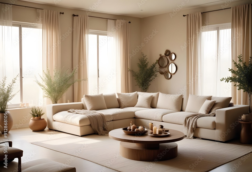 Naklejka premium Interior A cozy living room with a large beige sectional sofa, a wooden coffee table, and framed artwork on the wall. The room has a warm, neutral color palette and a minimalist