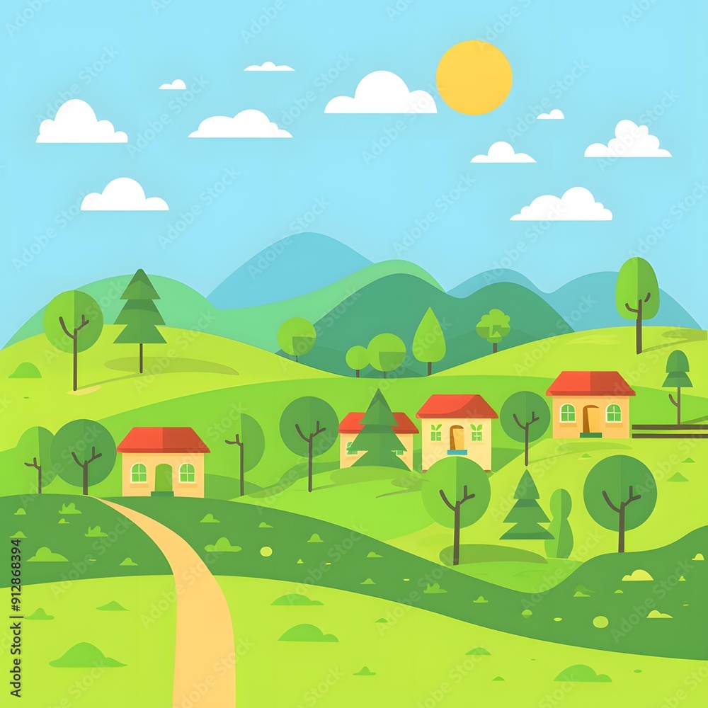 Fototapeta premium Cartoon Illustration of a Green Meadow with Hills and Houses