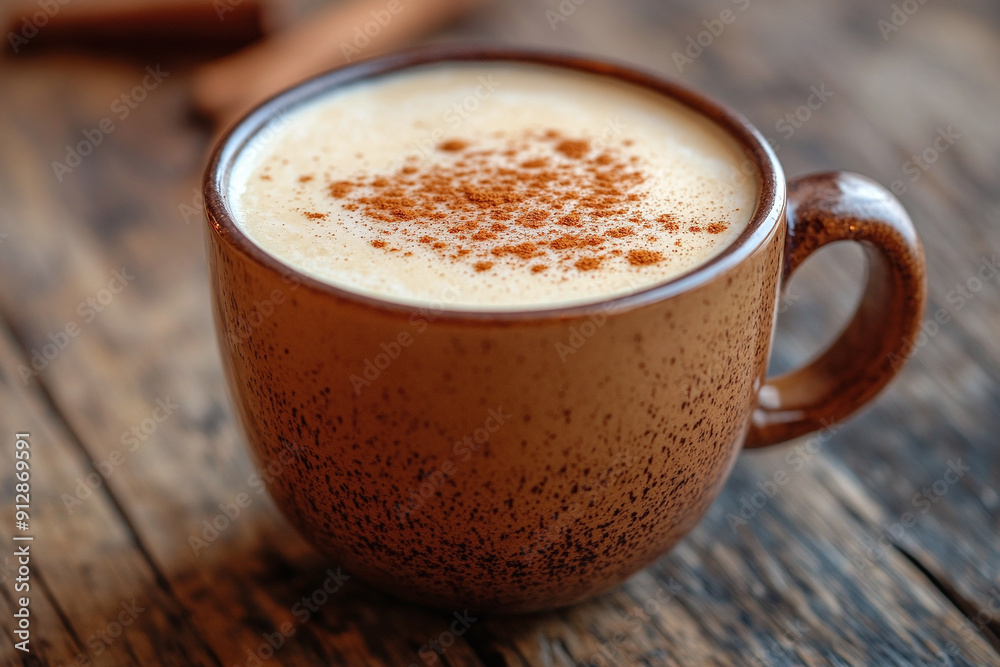 A close-up of a coffee cup with frothy milk and a sprinkle of cinnamon. A close-up of a coffee cup with frothy milk and a sprinkle of cinnamon.