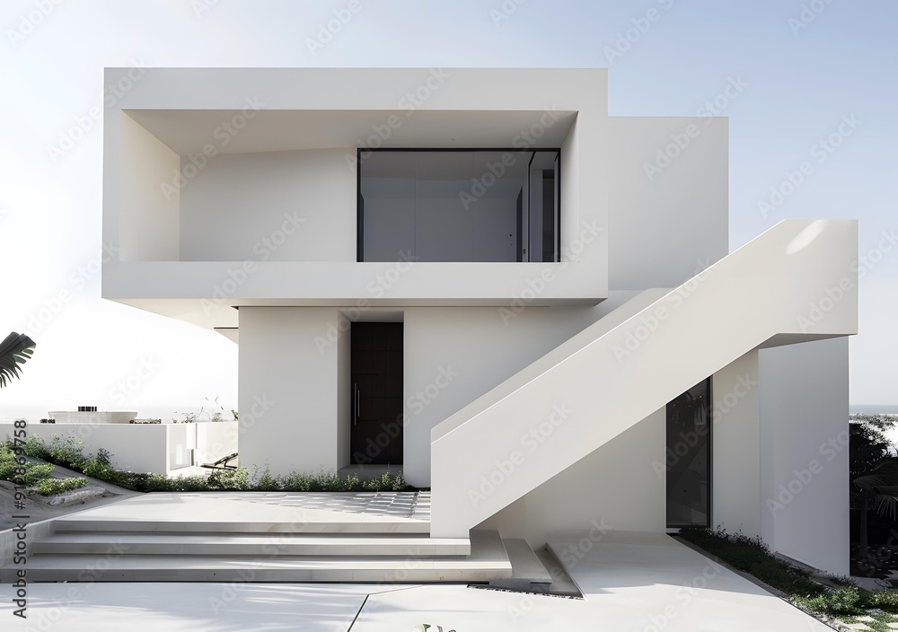 Modern Minimalist White House Exterior With Large Windows and Stairs Modern Minimalist White House Exterior With Large Windows and Stairs