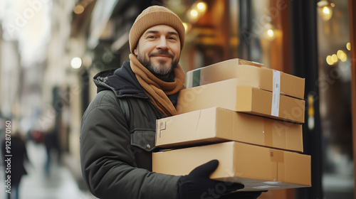 Delivery driver carrying boxes to a customer.