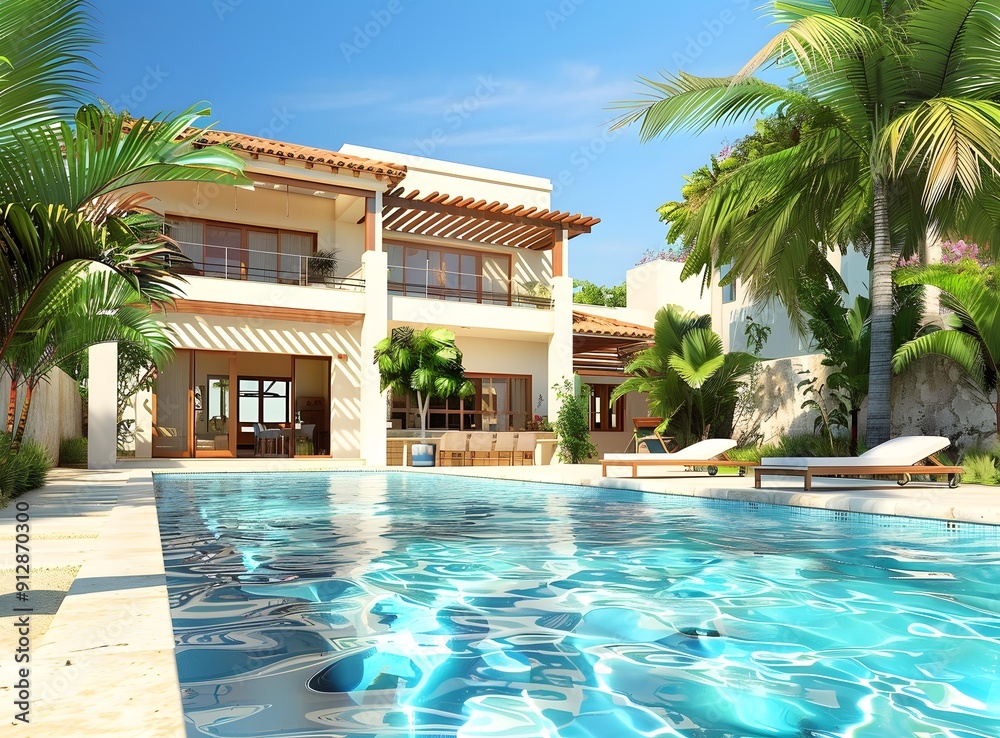 Fototapeta premium Tropical Villa with Swimming Pool and Palm Trees