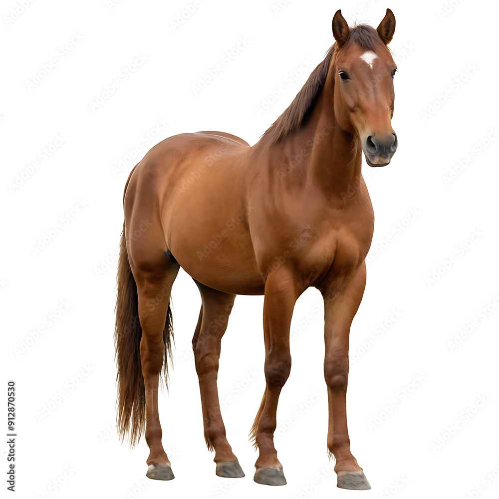 A majestic brown horse standing alert, showcasing its glossy coat and powerful build. Perfect for equestrian publications, animal care websites, or rural landscapes. (Transparent PNG background) A majestic brown horse standing alert, showcasing its glossy coat and powerful build. Perfect for equestrian publications, animal care websites, or rural landscapes. (Transparent PNG background)