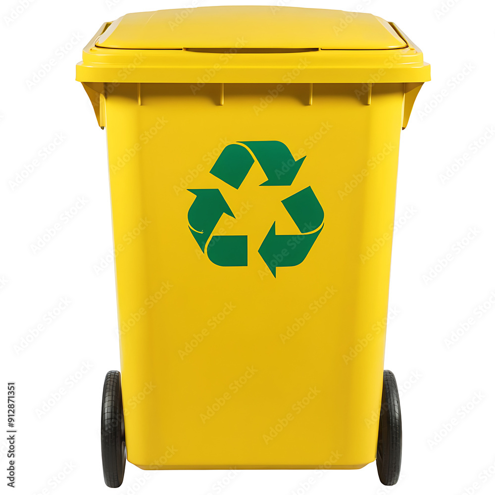 A yellow recycling bin with a white recycling symbol, ideal for environmental campaigns, waste management resources, or educational materials. (Transparent PNG background)