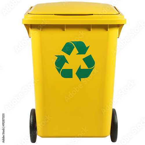 Obraz na płótnie A yellow recycling bin with a white recycling symbol, ideal for environmental campaigns, waste management resources, or educational materials. (Transparent PNG background) w salonie