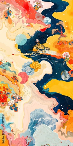 Abstract Painting With Flower Patterns and Planets