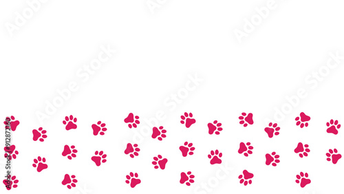 Trail of dog or cat paw prints on a white background. Pink silhouettes of footprints. Steps tracing the path. Copy space background with pet foot. Animal or pet theme seamless pattern backdrop.