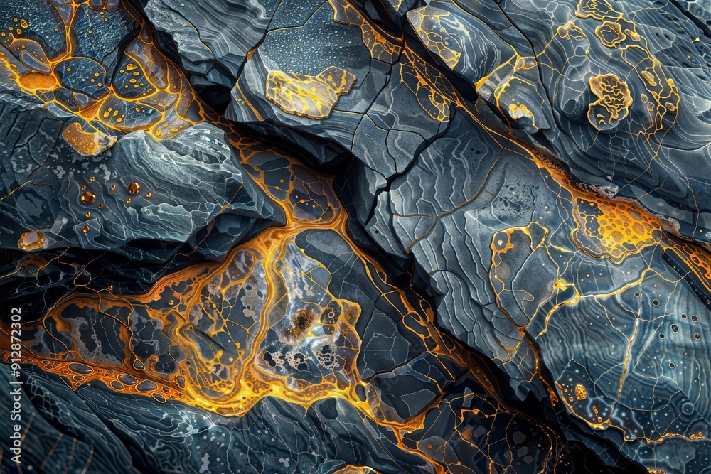 Molten Earth. Abstract digital artwork depicting cracked earth with glowing orange magma flowing through fissures in blue-gray rocky terrain.