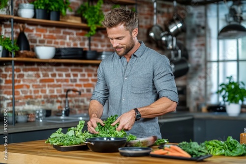 Healthy Lifestyle: Handsome Man Preparing Organic Salad in Modern Kitchen