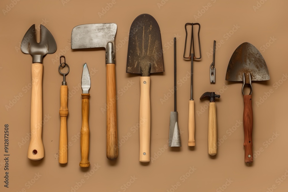 Collection of Various Hand Tools Organized Neatly on a Brown Background for Gardening and Landscaping Projects Collection of Various Hand Tools Organized Neatly on a Brown Background for Gardening and Landscaping Projects