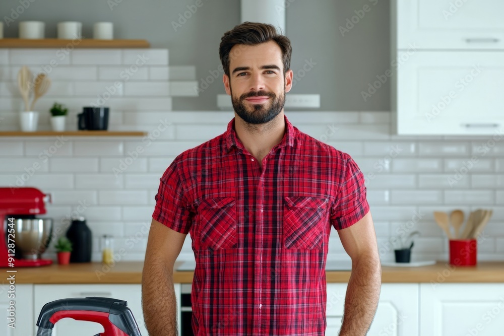 Handsome Young Man in a Stylish Red Plaid Shirt Standing in a Modern Kitchen Interior Handsome Young Man in a Stylish Red Plaid Shirt Standing in a Modern Kitchen Interior