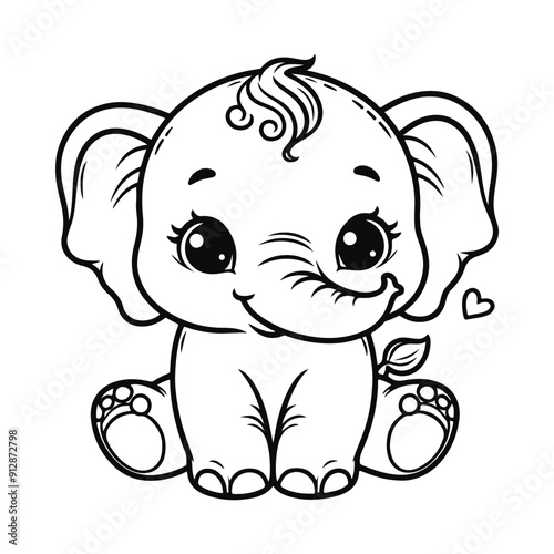 Cute baby elephant drawn with a line. Coloring book.