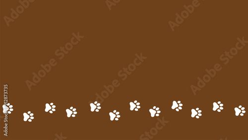 Trail of dog or cat paw prints on a brown background.  Steps tracing the path. Copy space background with the pet foot. Animal or pet theme seamless pattern backdrop.