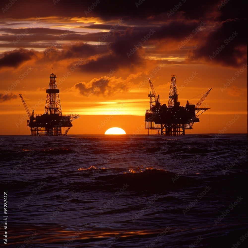 Obraz premium 3. Oil rig silhouettes against a glowing sunset with rising prices graph, [oil market], [energy boom]