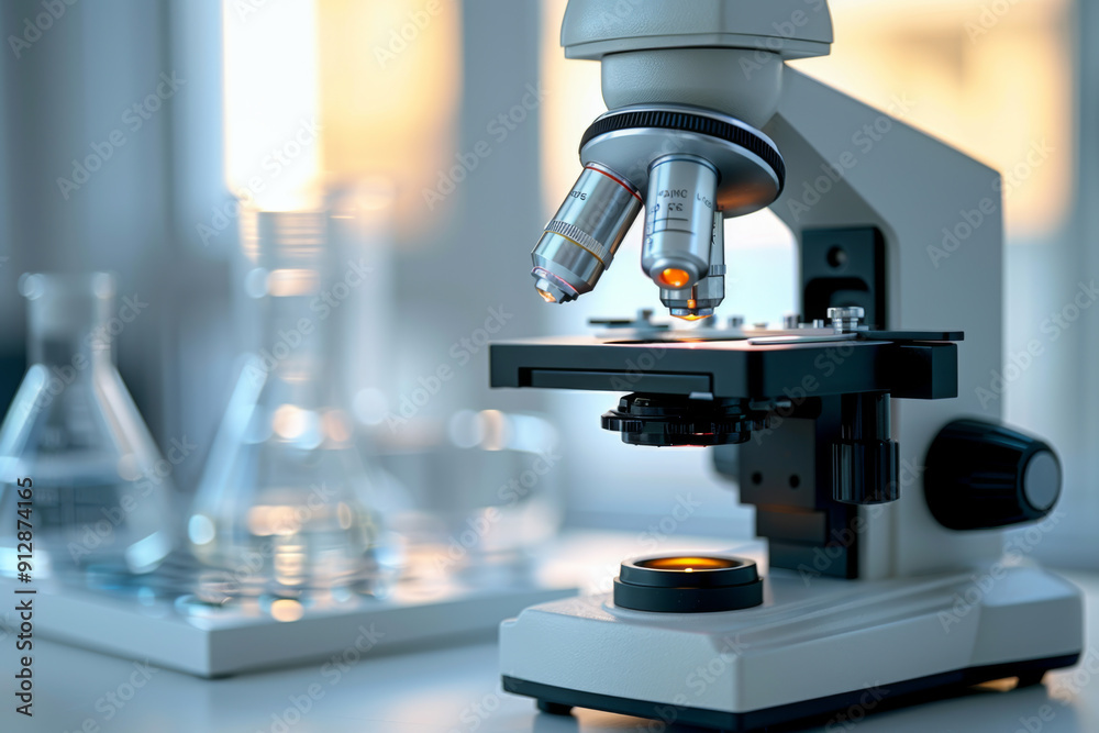 Microscope and test tubes on table, on color background Microscope and test tubes on table, on color background