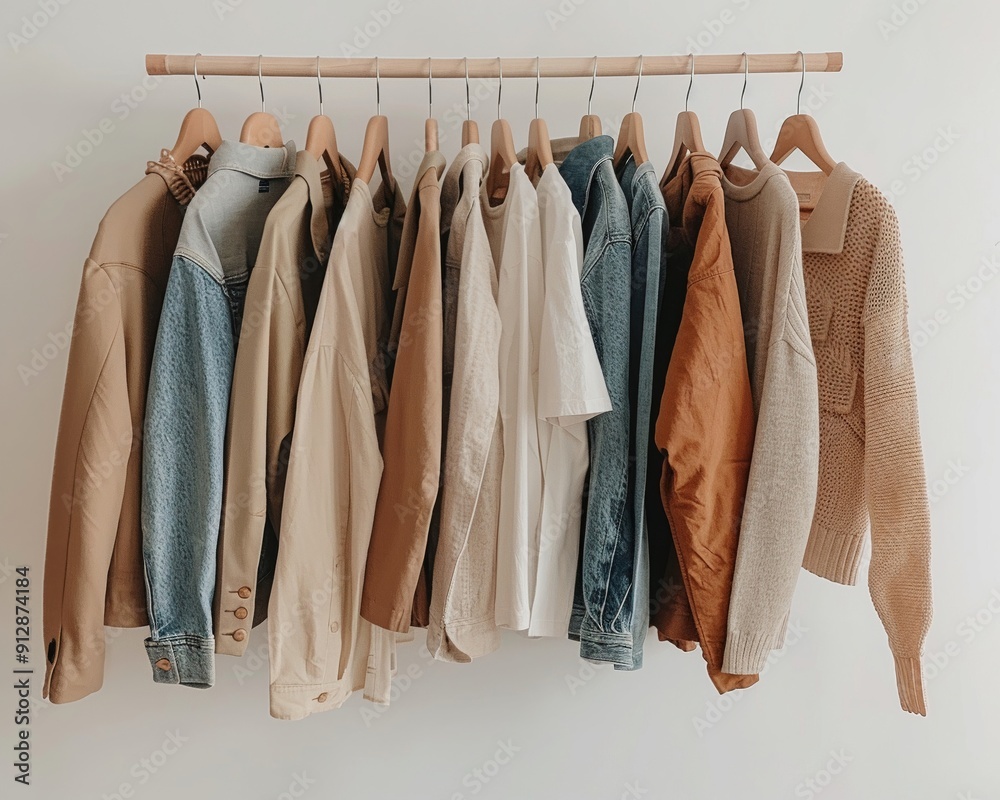 A collection of stylish clothing hanging on a rack, showcasing neutral tones and various textures for a modern wardrobe. A collection of stylish clothing hanging on a rack, showcasing neutral tones and various textures for a modern wardrobe.
