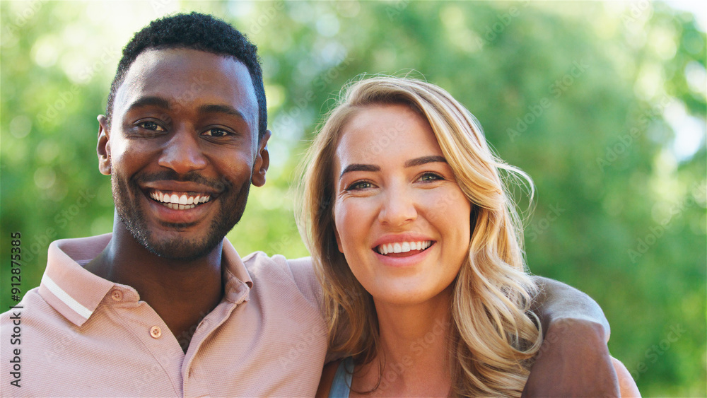 Happy Couple Smiling Together in a Sunny Park During Summer Afternoon Happy Couple Smiling Together in a Sunny Park During Summer Afternoon