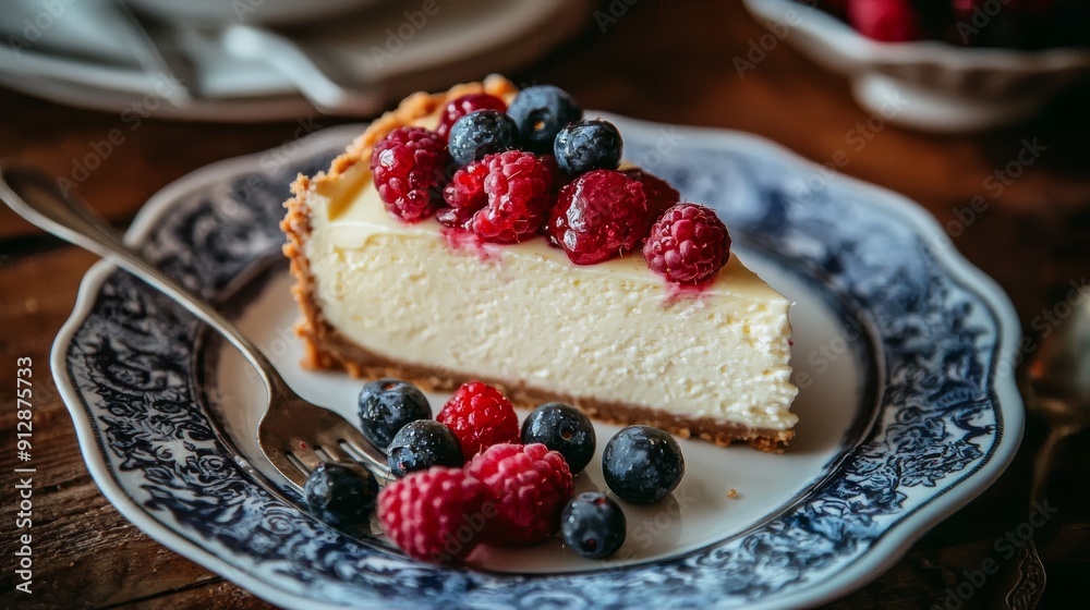Indulge in Decadence - Tempting Slice of Cheesecake with Fresh Berries. Indulge in Decadence - Tempting Slice of Cheesecake with Fresh Berries.