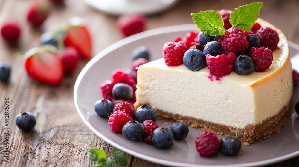 Indulgent Cheesecake Slice with Fresh Berries - Tempting Dessert Photography. Indulgent Cheesecake Slice with Fresh Berries - Tempting Dessert Photography.