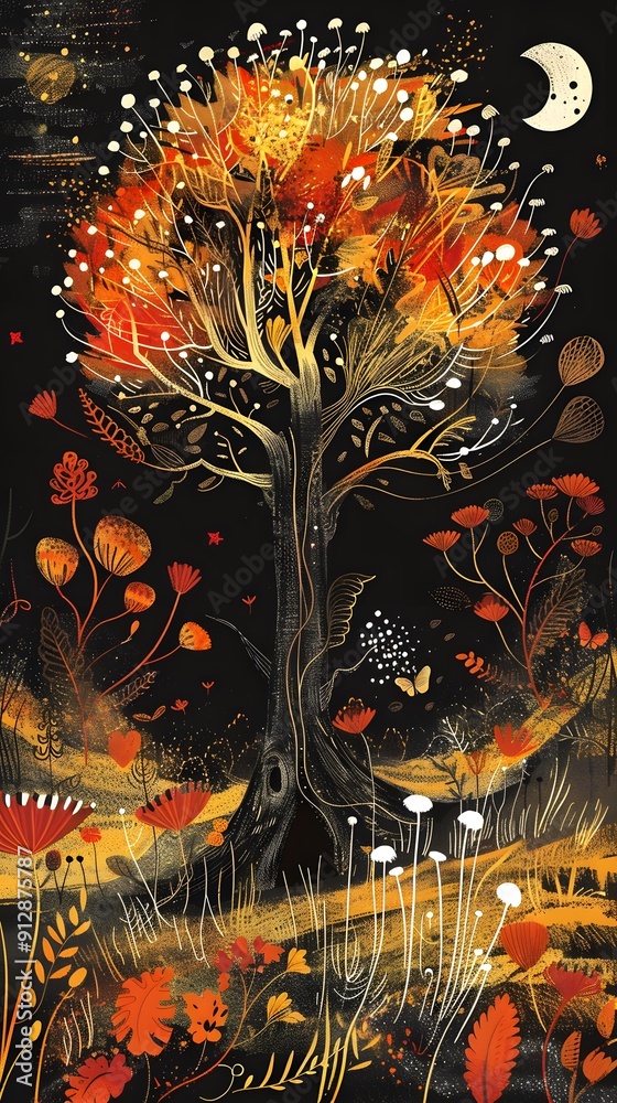 Fototapeta premium Golden Tree Night Sky Illustration