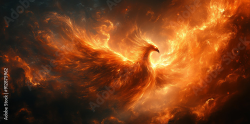 Fire bird against dark background with smoke and fire 