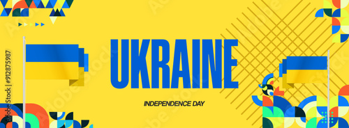Ukraine National Day banner. Modern geometric background with colorful style for Ukrainian Day. Happy Independence Day of Ukraine greeting card cover in flag colors. Happy national day