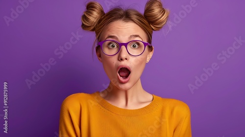 Photo portrait of shocked woman with open mouth isolated on vivid purple colored background