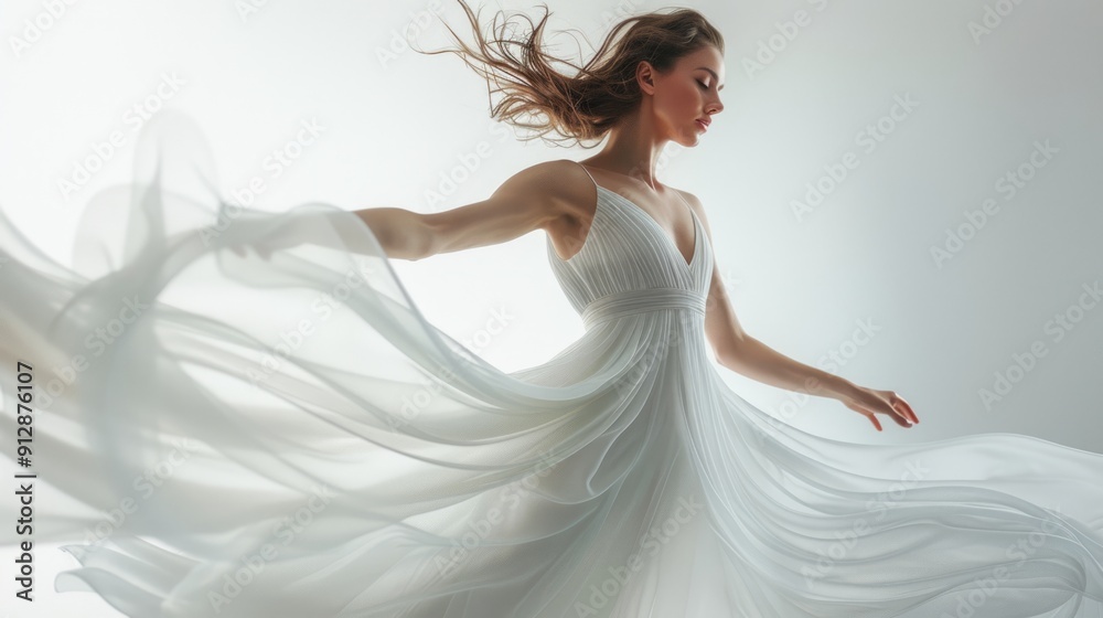 Naklejka premium A graceful woman twirls elegantly in a flowing white dress, embodying beauty and motion against a soft, dreamy background.
