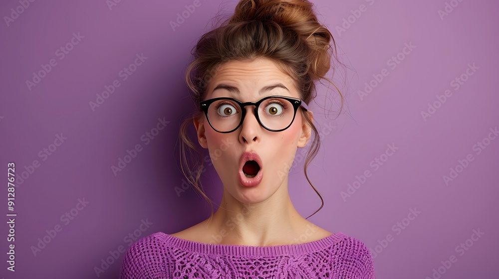 Photo portrait of shocked woman with open mouth isolated on vivid purple colored background Photo portrait of shocked woman with open mouth isolated on vivid purple colored background