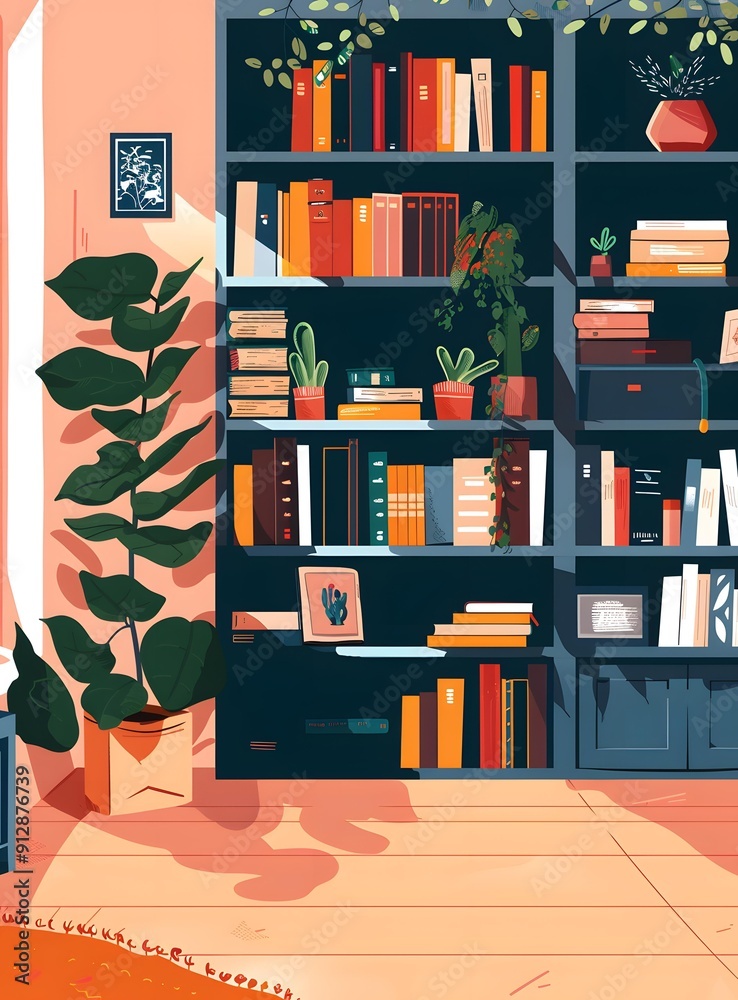 Home Interior Design with Bookshelf and Plants Home Interior Design with Bookshelf and Plants