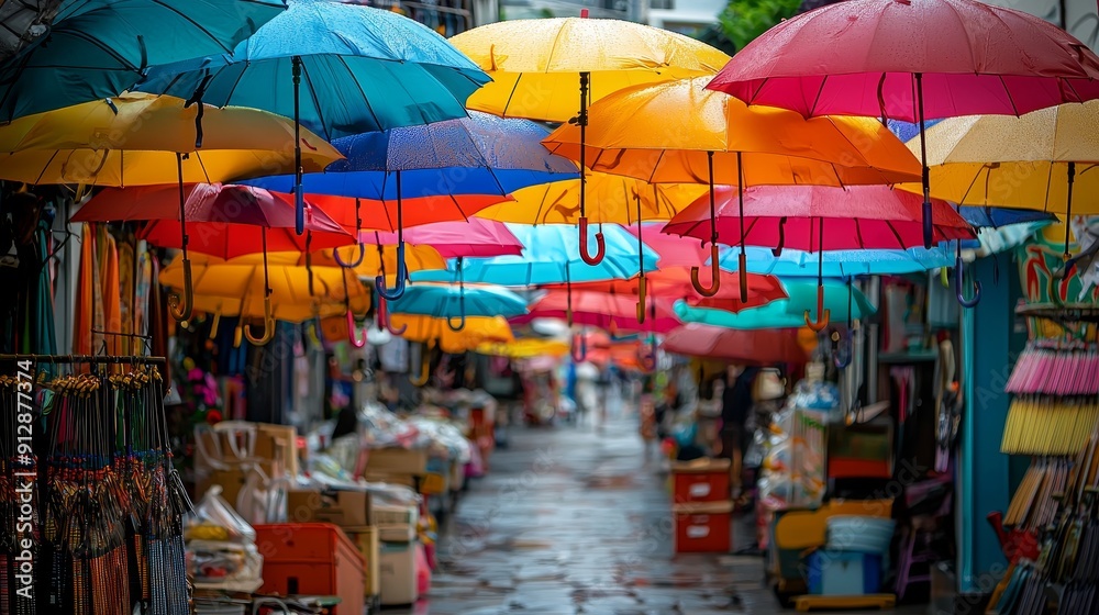 Obraz premium Captivating Street Market Scene with Colorful Umbrellas and Vibrant Atmosphere.