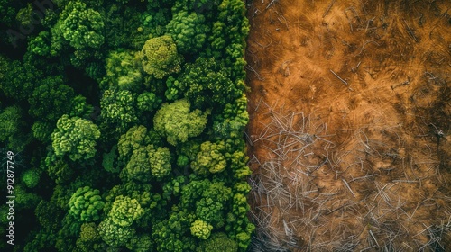 7. Aerial view of a deforested area next to a healthy forest, showcasing the impact of deforestation on global warming photo