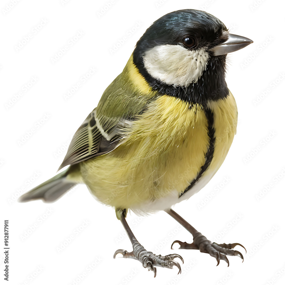 Fototapeta premium A great tit (Parus major) perched on a branch, showcasing its vibrant yellow breast and black head. Perfect for nature guides, ornithology publications, or educational materials. (Transparent PNG back