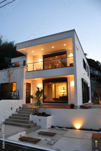 Modern White Two Story House with Balcony and Garden