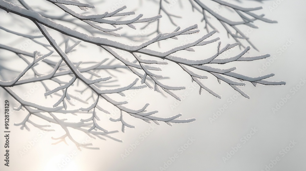 A close-up of a snow-covered tree branch with sunlight filtering through the clouds in the background A close-up of a snow-covered tree branch with sunlight filtering through the clouds in the background