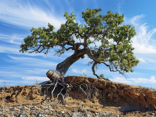 20. An old tree with roots exposed and soil eroded, symbolizing the destabilizing effects of global warming on ecosystems