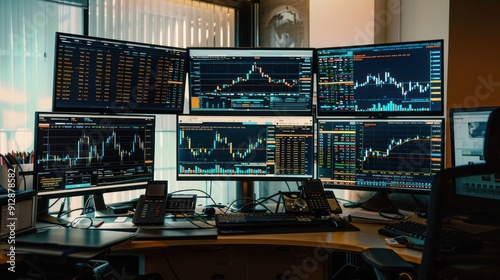 3. High-tech trader desk with multiple screens showing stock charts, Bitcoin prices, and trading analytics