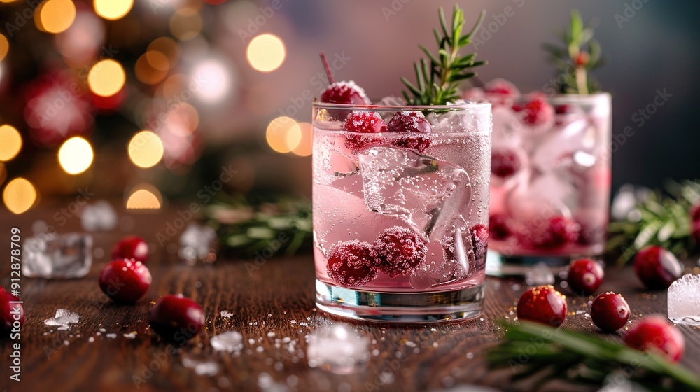 A close-up of a drink with ice and cranberries on a table against a Christmas tree background A close-up of a drink with ice and cranberries on a table against a Christmas tree background