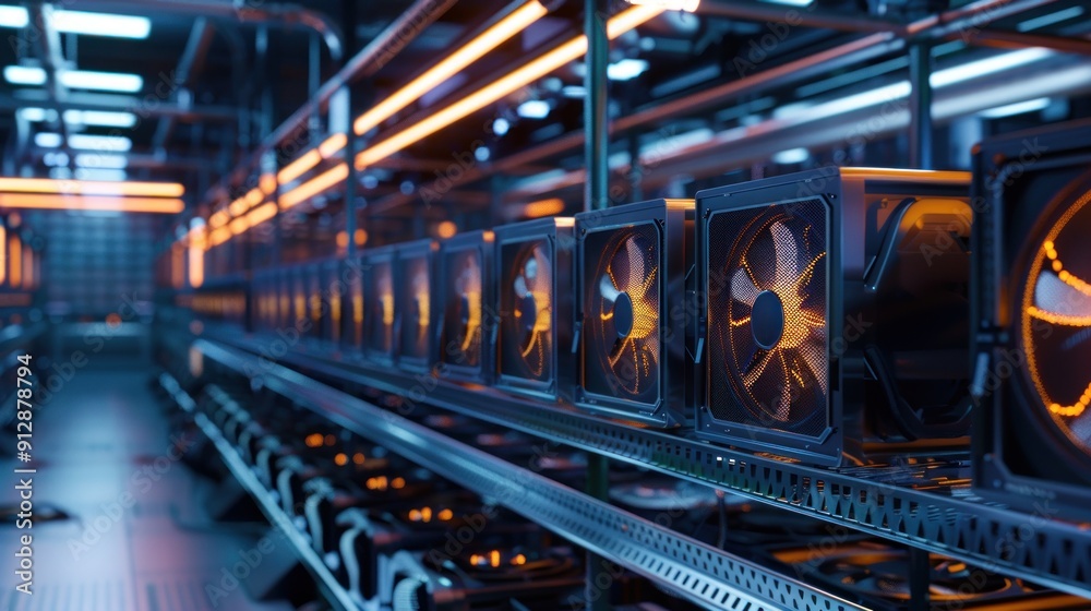 Naklejka premium 6. Bitcoin mining farm with rows of computers and cooling fans, showcasing the technology behind cryptocurrency mining