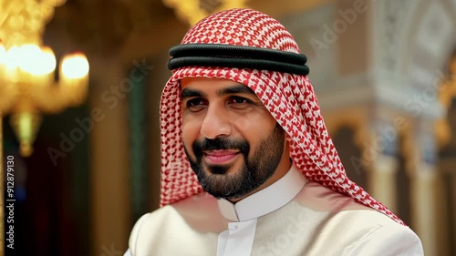 portrait of a man in traditional Arab clothing with a sheikh's headdress, smiling.
Concept: Middle Eastern culture, traditions photo