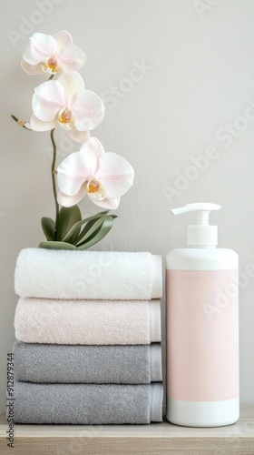 A serene laundry corner features neatly stacked towels, colorful detergent bottles, and an orchid, creating a calming aesthetic for laundry day