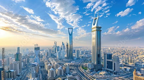 Riyadh's Golden Hour: A panoramic vista of Saudi Arabia's capital city, bathed in the warm glow of sunset, showcasing its iconic skyline and modern architectural marvels. photo