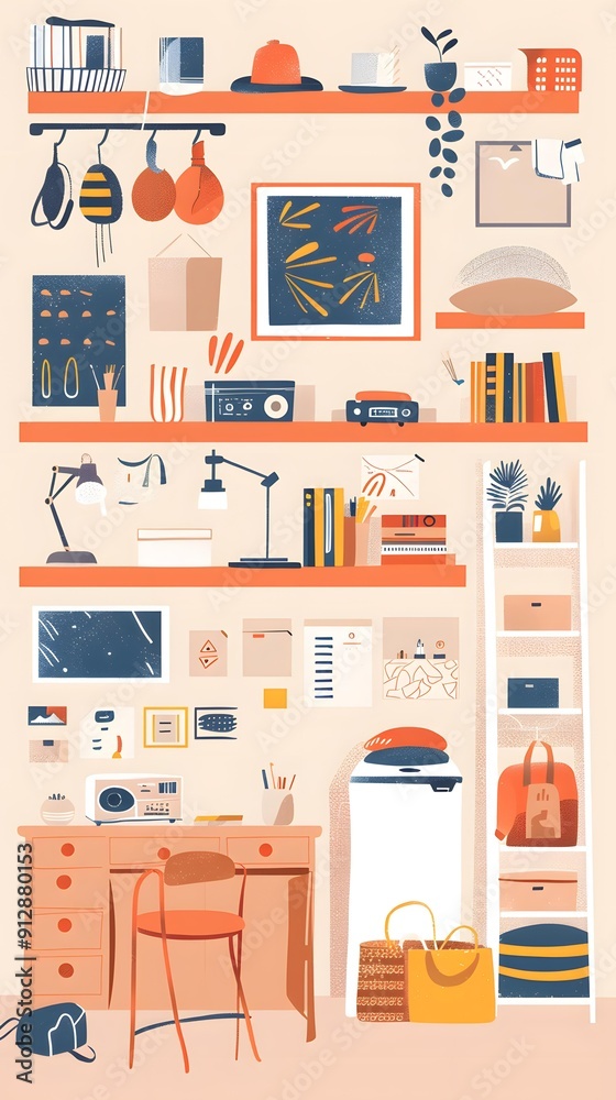 Hand Drawn Illustration of a Home Office Interior Design with Shelves Hand Drawn Illustration of a Home Office Interior Design with Shelves
