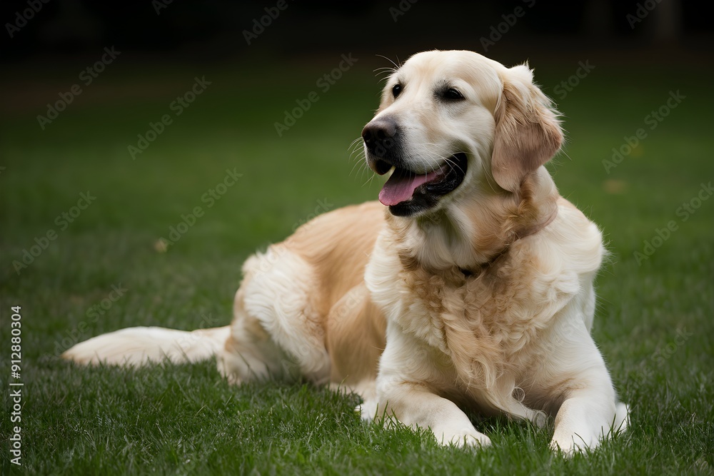 Golden retriever relaxed on green lawn, background blurred for serene ambiance Golden retriever relaxed on green lawn, background blurred for serene ambiance