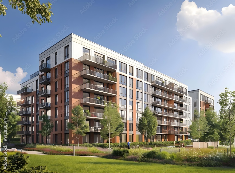 Modern Apartment Building with Green Lawn and Trees Modern Apartment Building with Green Lawn and Trees