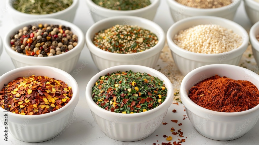 A vibrant display of assorted spices in white bowls, showcasing rich colors and textures, perfect for culinary inspiration. A vibrant display of assorted spices in white bowls, showcasing rich colors and textures, perfect for culinary inspiration.