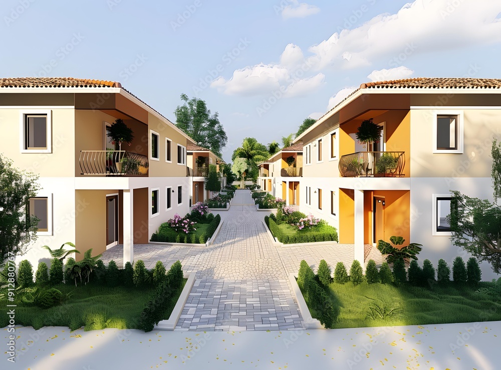 Obraz premium Modern Townhouse Exterior Design with Lush Landscaping