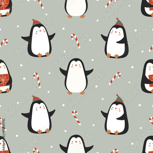 Seamless Christmas pattern with funny penguins and candy cane.