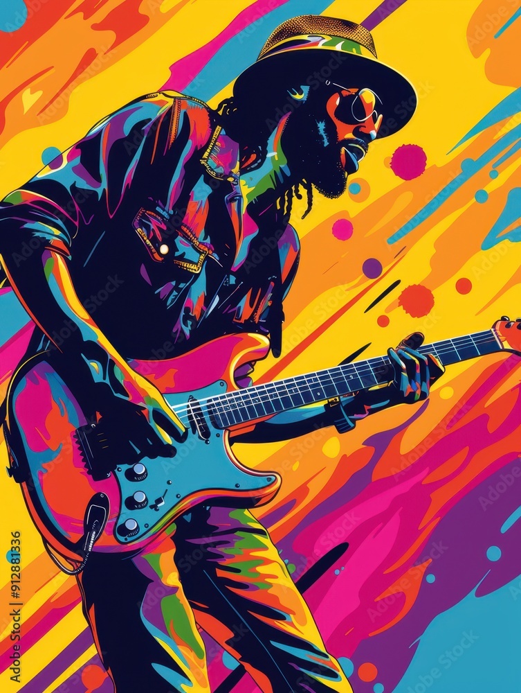 A vibrant illustration of a black male guitarist with a colorful background, showcasing the spirit and energy of live music. A vibrant illustration of a black male guitarist with a colorful background, showcasing the spirit and energy of live music.